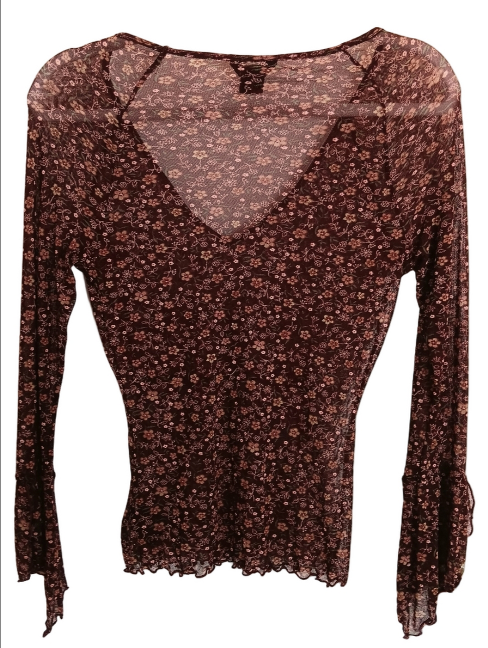 Guess Vintage Sheer Ditsy Floral V-Neck Long Sleeve Top Stretchy Mesh 90s Pop